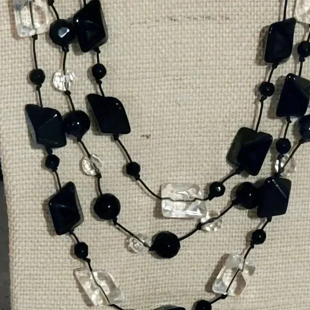 Handcrafted Knotted 3-Strand Black and Clear Vintage Glass Beads Necklace